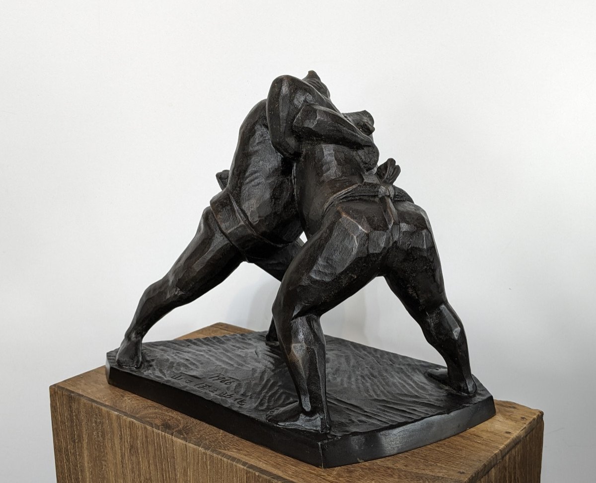 Sumo Fight - Bronze By Inosuke Yamaguchi - 1898 -1970-photo-3