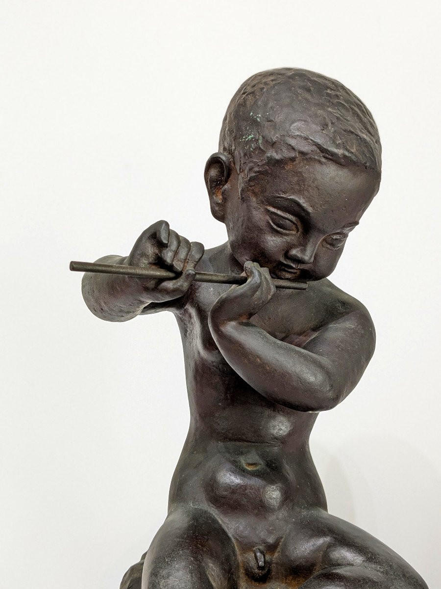 enfant &agrave; la fl&ucirc;te - bronze circa 1930-50 par Ariichi Yamahata Japon-photo-2