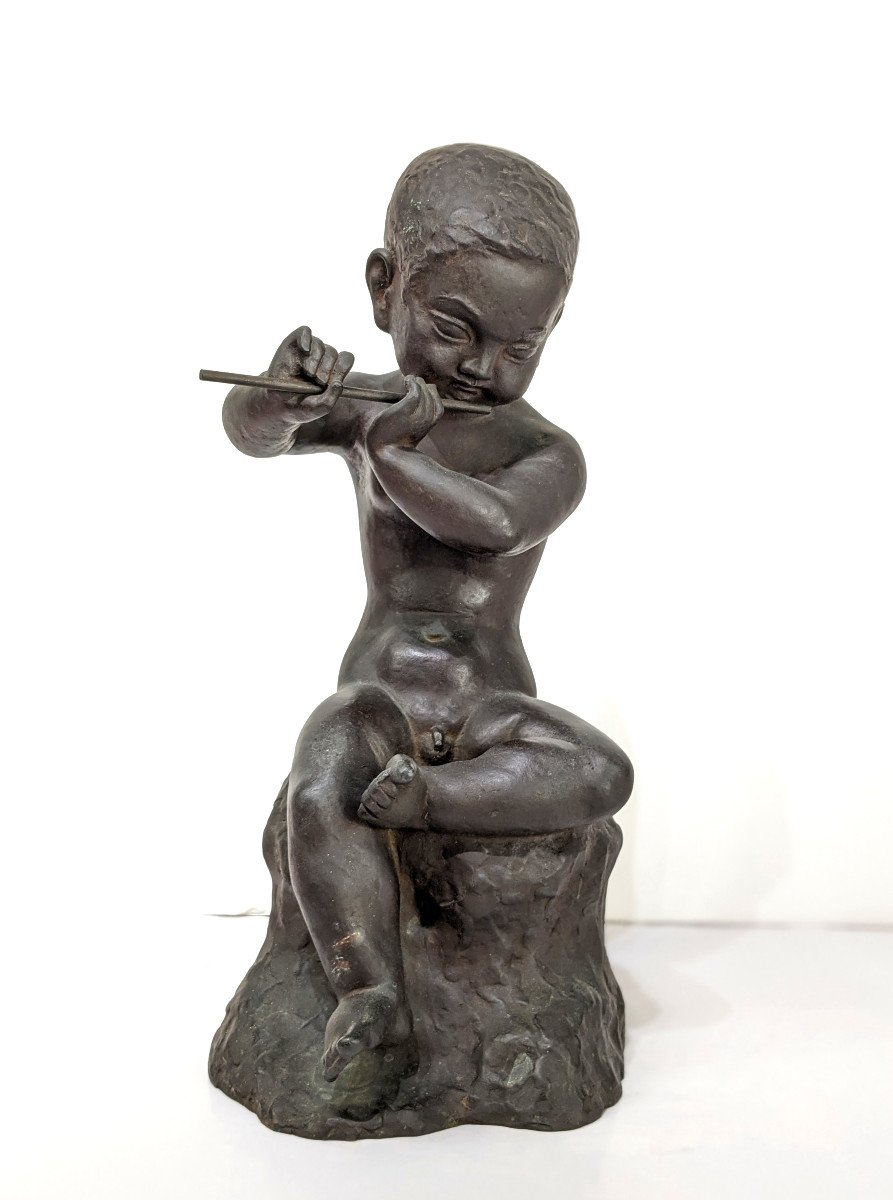 enfant &agrave; la fl&ucirc;te - bronze circa 1930-50 par Ariichi Yamahata Japon