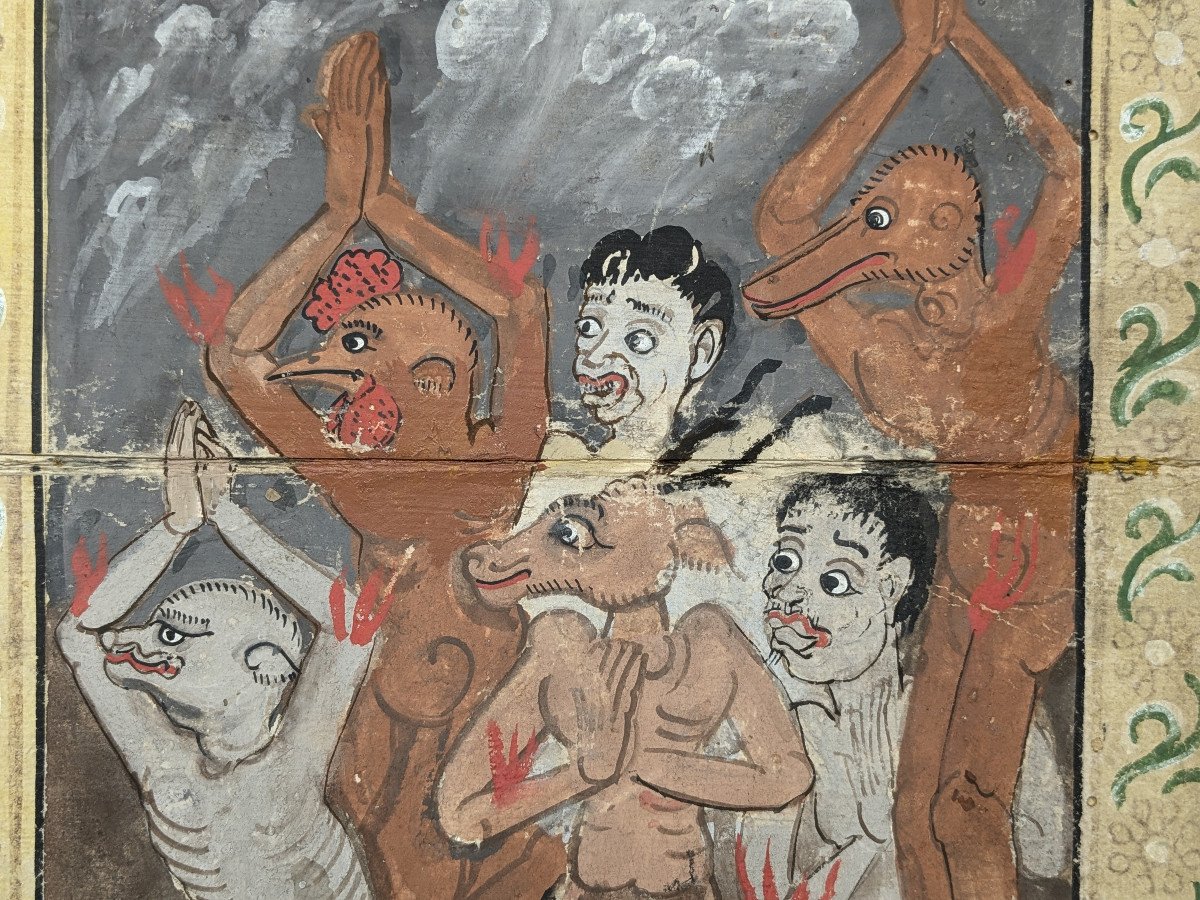 Monk Phra Malai Preaching To The Damned In Hell - Two 19th Century Gouaches - Thailand-photo-1