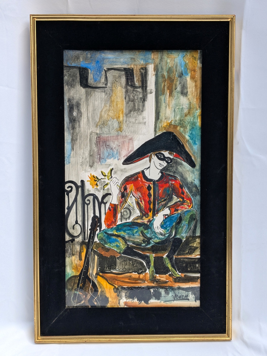 Harlequin - Ceramic Relief Painted By Youen, Ceramist In Quimper Circa 1960