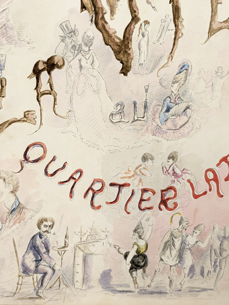 La vie au quartier latin - aquarelle frontispice inédite - circa 1868 - Albert Blanquet-photo-3