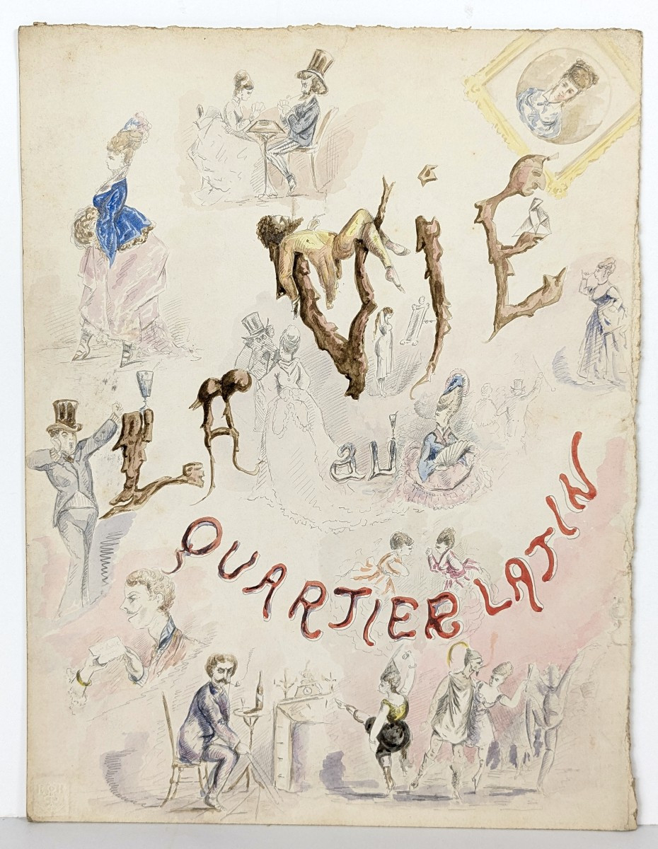La vie au quartier latin - aquarelle frontispice inédite - circa 1868 - Albert Blanquet