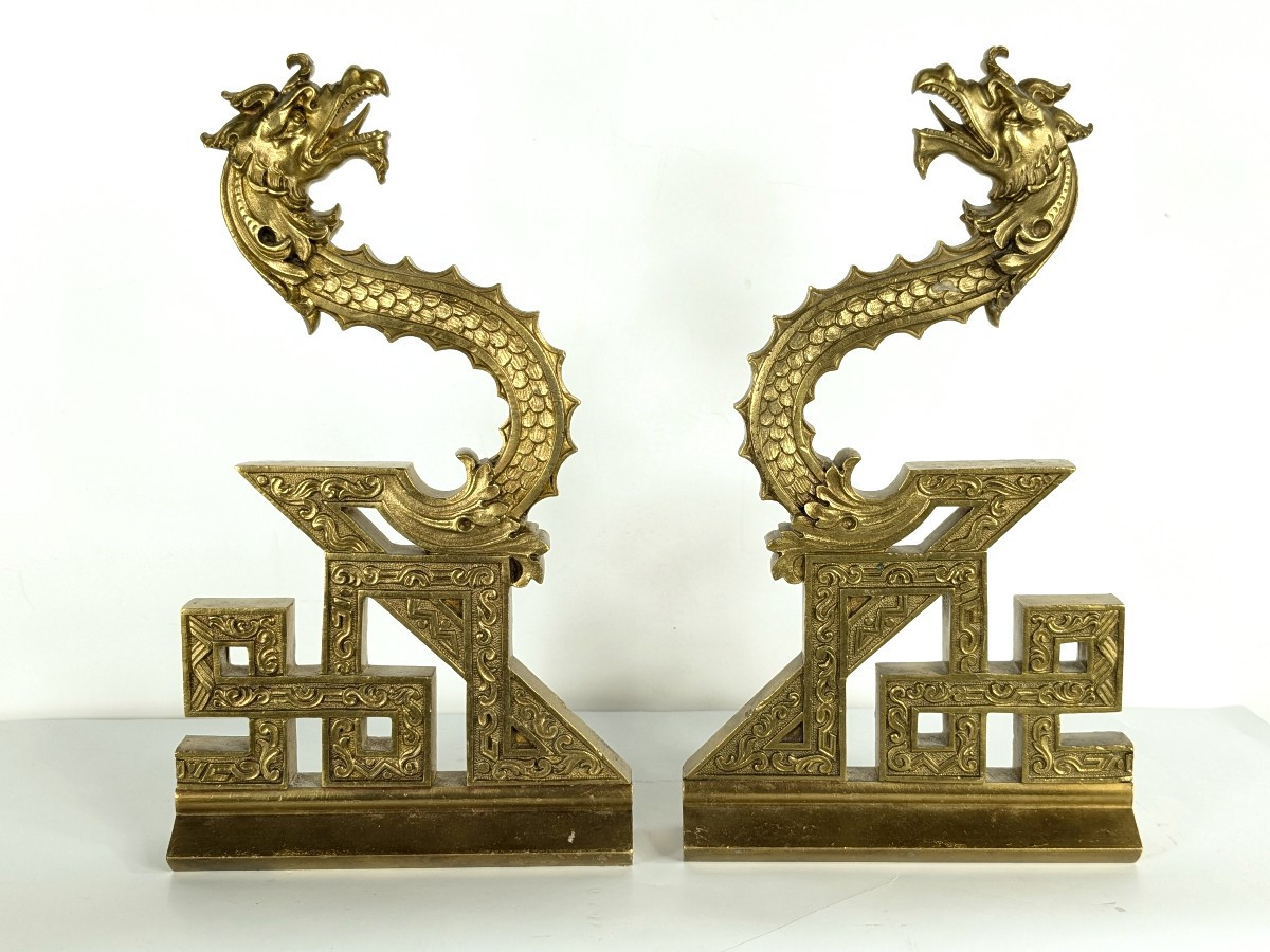 Serres livres à motif de dragons chinois - bronze fin XIXe -photo-3