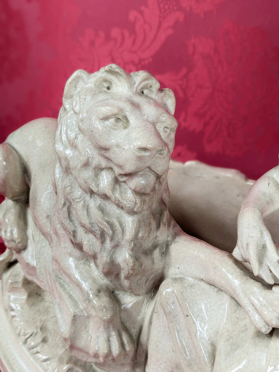 Le lion amoureux - La Fontaine - jardinière faience émaillée seconde moitié  XIXeme siècle -photo-3
