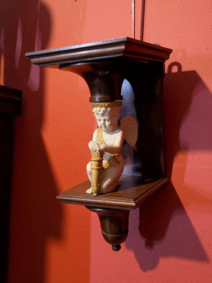 Applique / console Cupidon - biscuit et bois de noyer - travail anglais ? circa 1880-photo-2