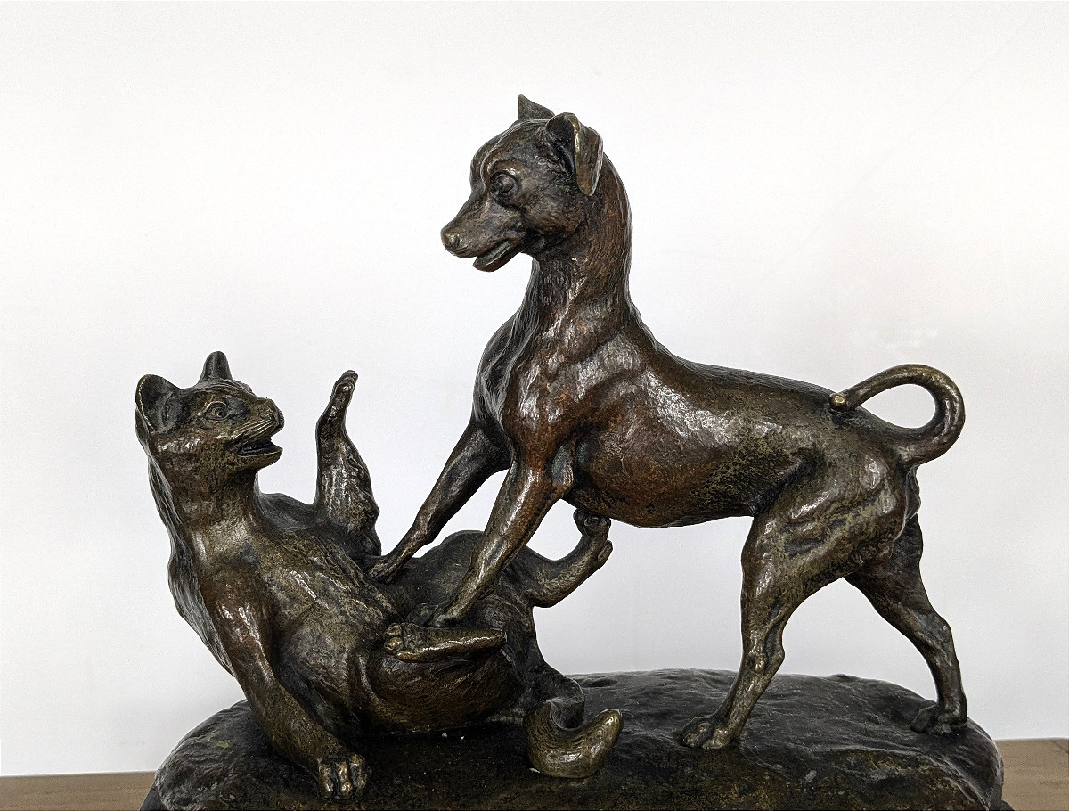 Cat And Dog - Bronze Circa 1860-80-photo-3