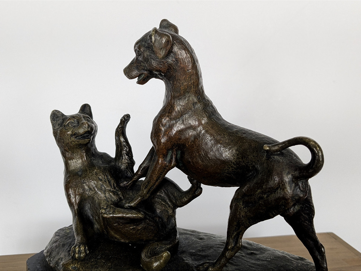 Cat And Dog - Bronze Circa 1860-80-photo-2
