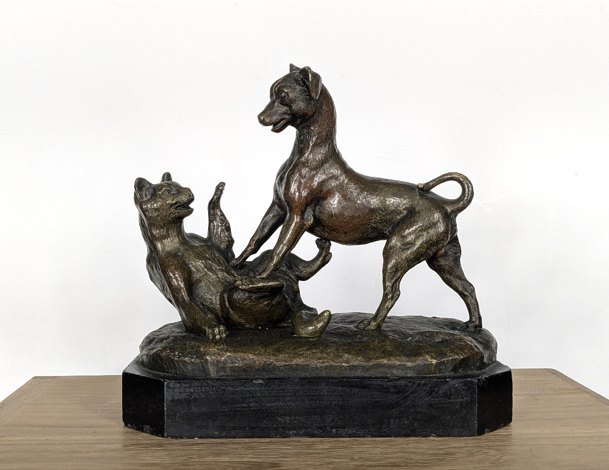 Cat And Dog - Bronze Circa 1860-80
