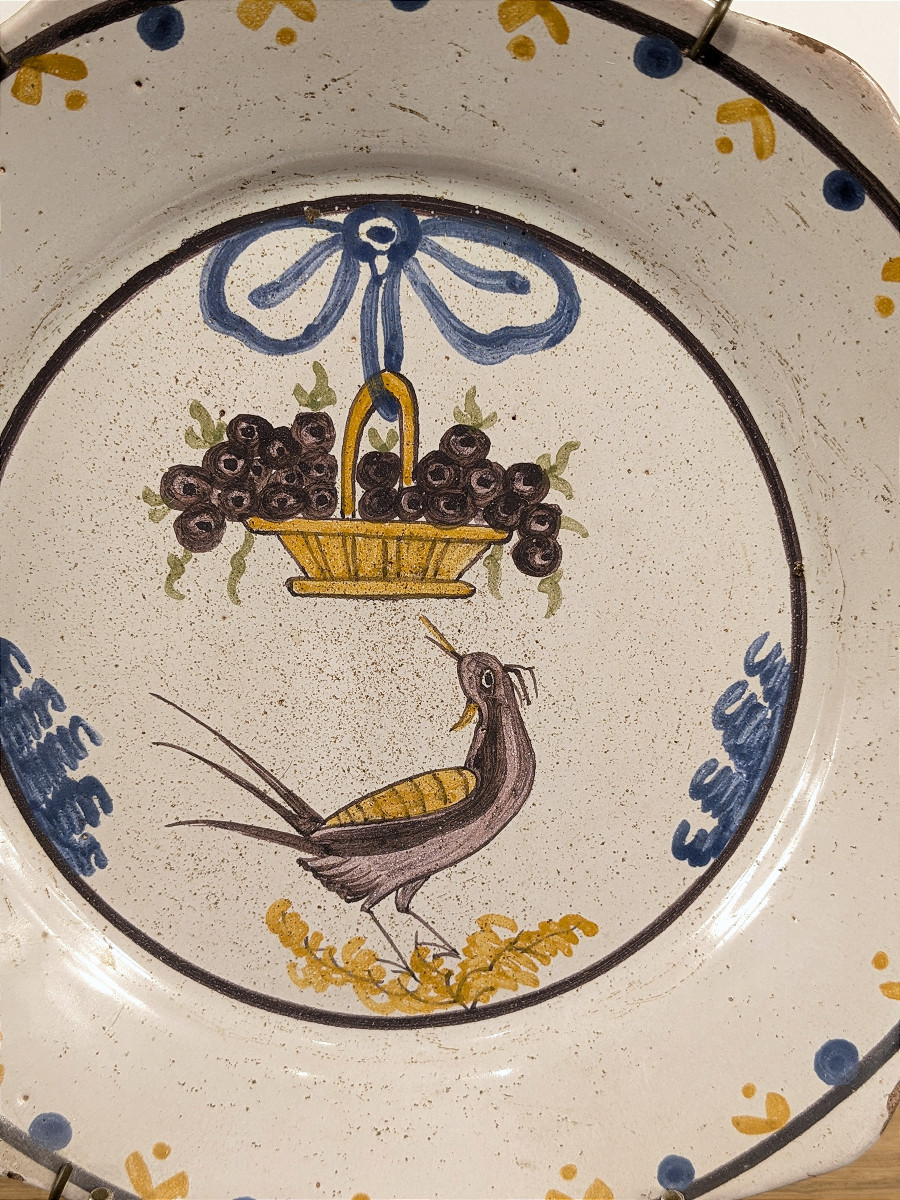 Assiette début XIXe- Oiseau au panier de fleurs -photo-2