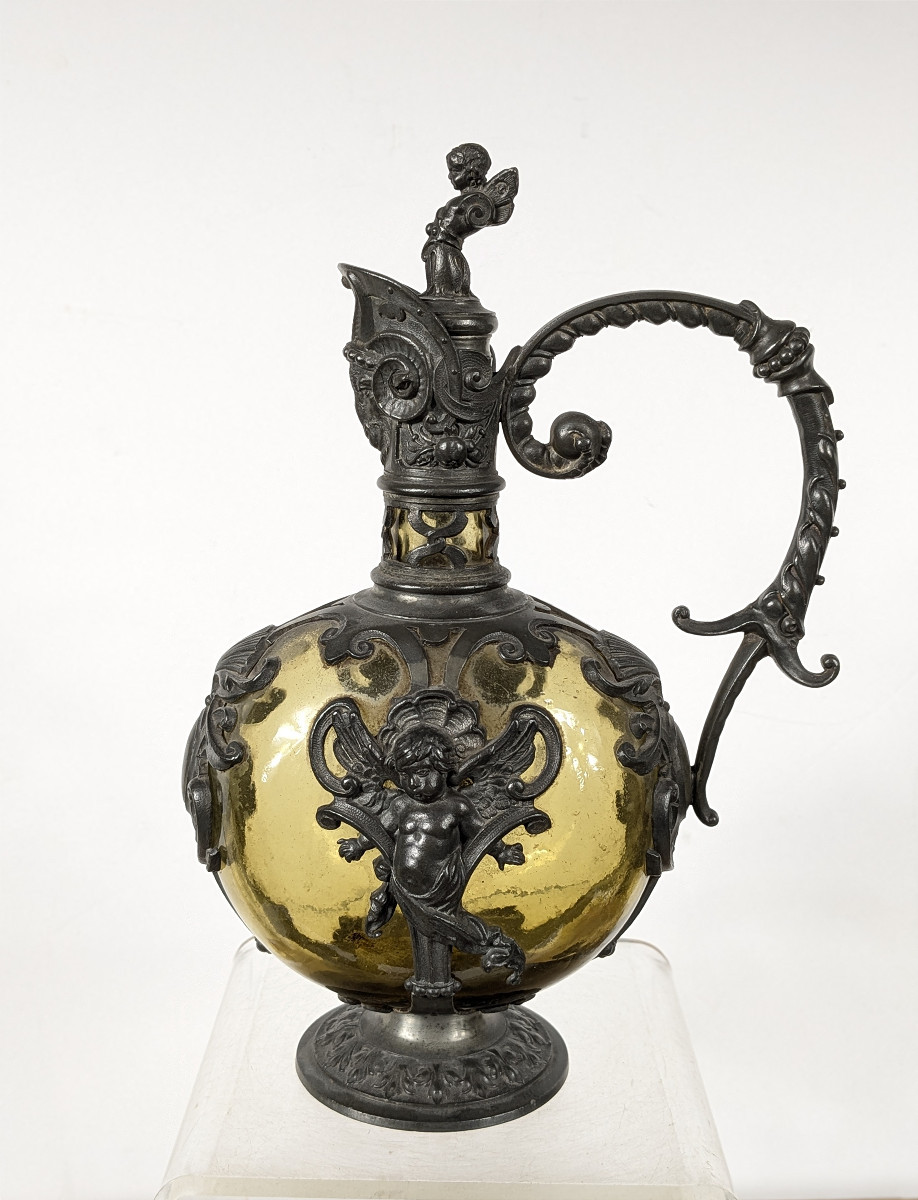 Petite aiguière néo Renaissance - étain - verre soufflé - XIXe siècle.-photo-4