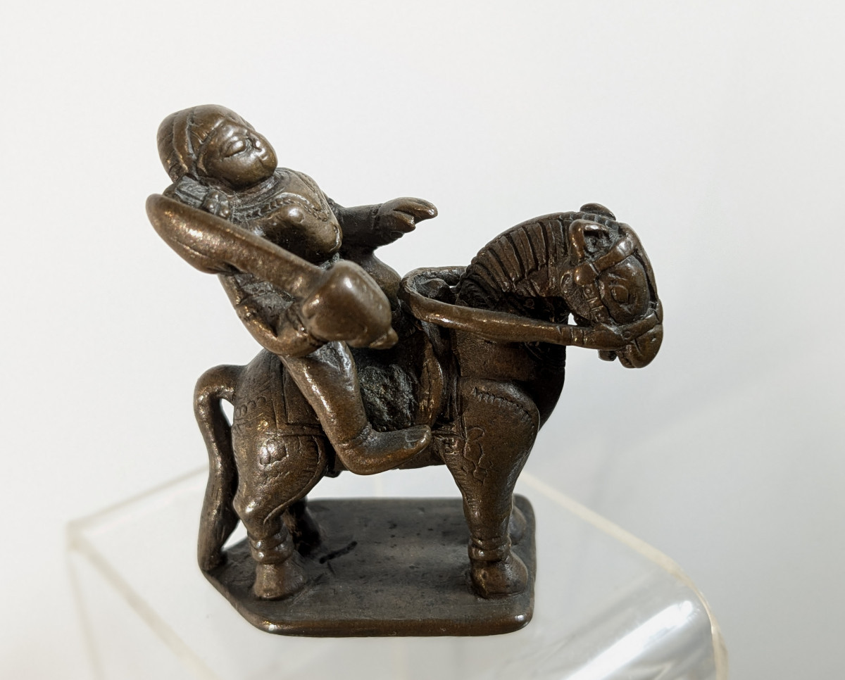 Divinité cavalière en bronze Inde -  Khandoba , Deccan ? XVIIIe ou antérieur.-photo-3