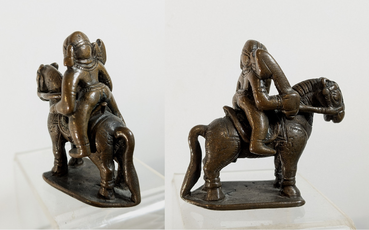 Divinité cavalière en bronze Inde -  Khandoba , Deccan ? XVIIIe ou antérieur.-photo-5