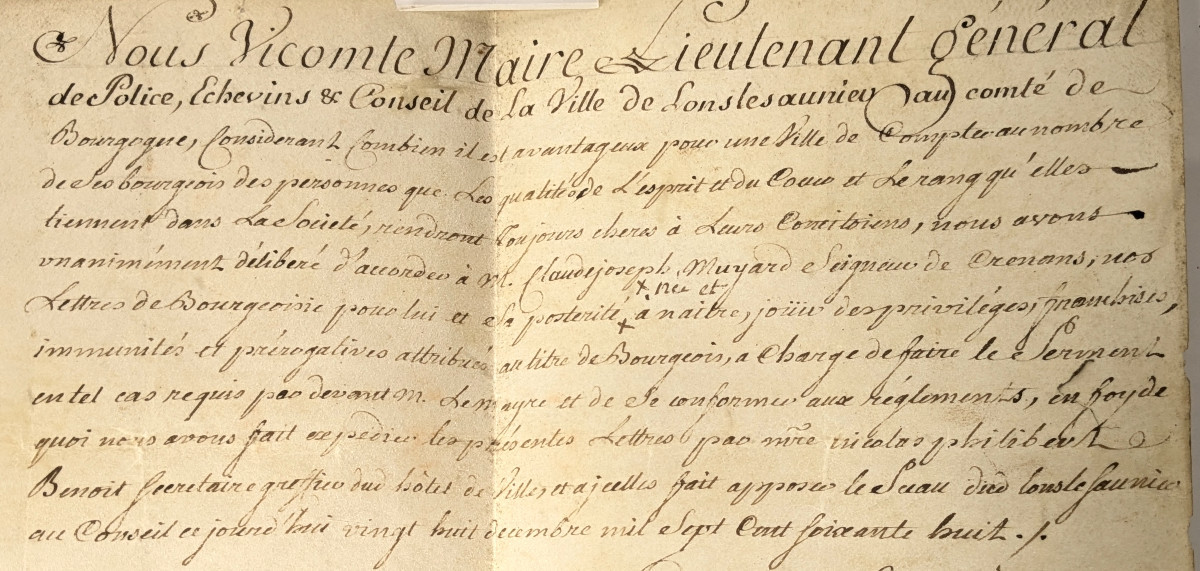 Letter Of Bourgeoisie Granted By The Town Of Lons Le Saunier To The Lord Of Crenans - 1768-photo-2
