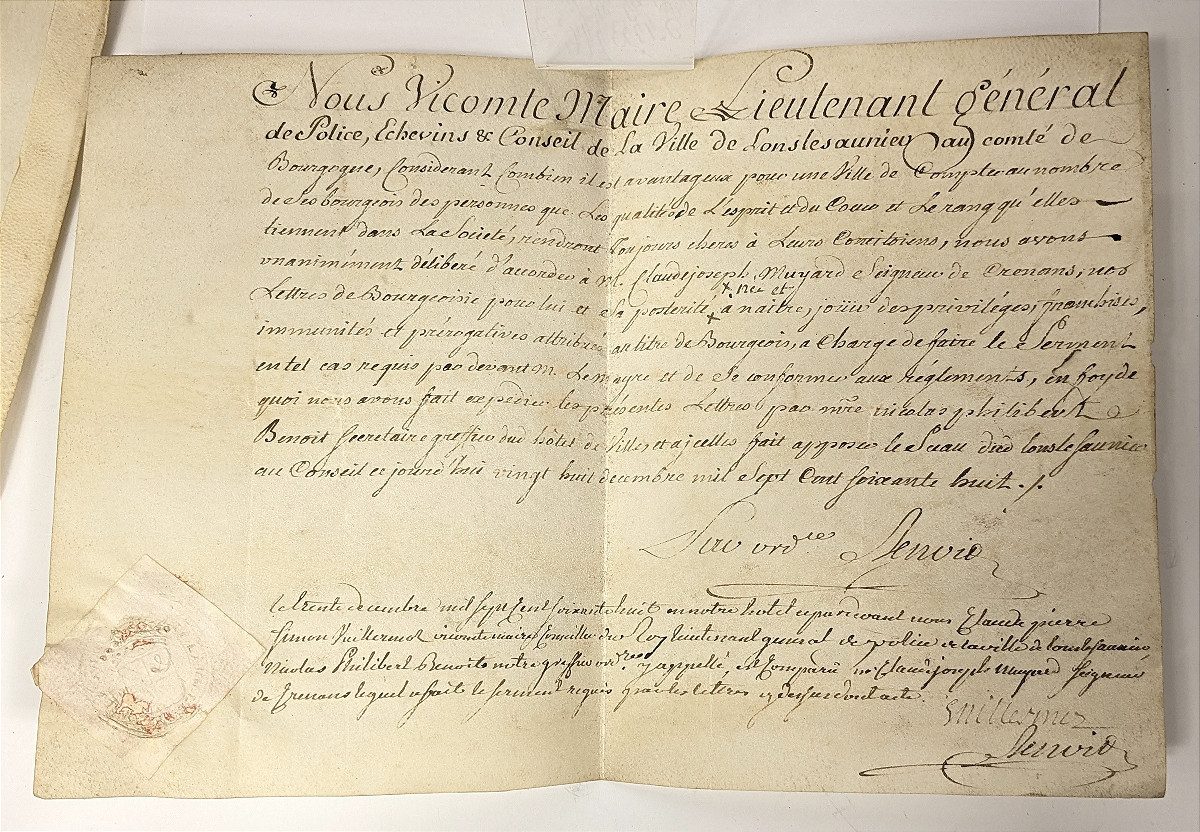 Letter Of Bourgeoisie Granted By The Town Of Lons Le Saunier To The Lord Of Crenans - 1768