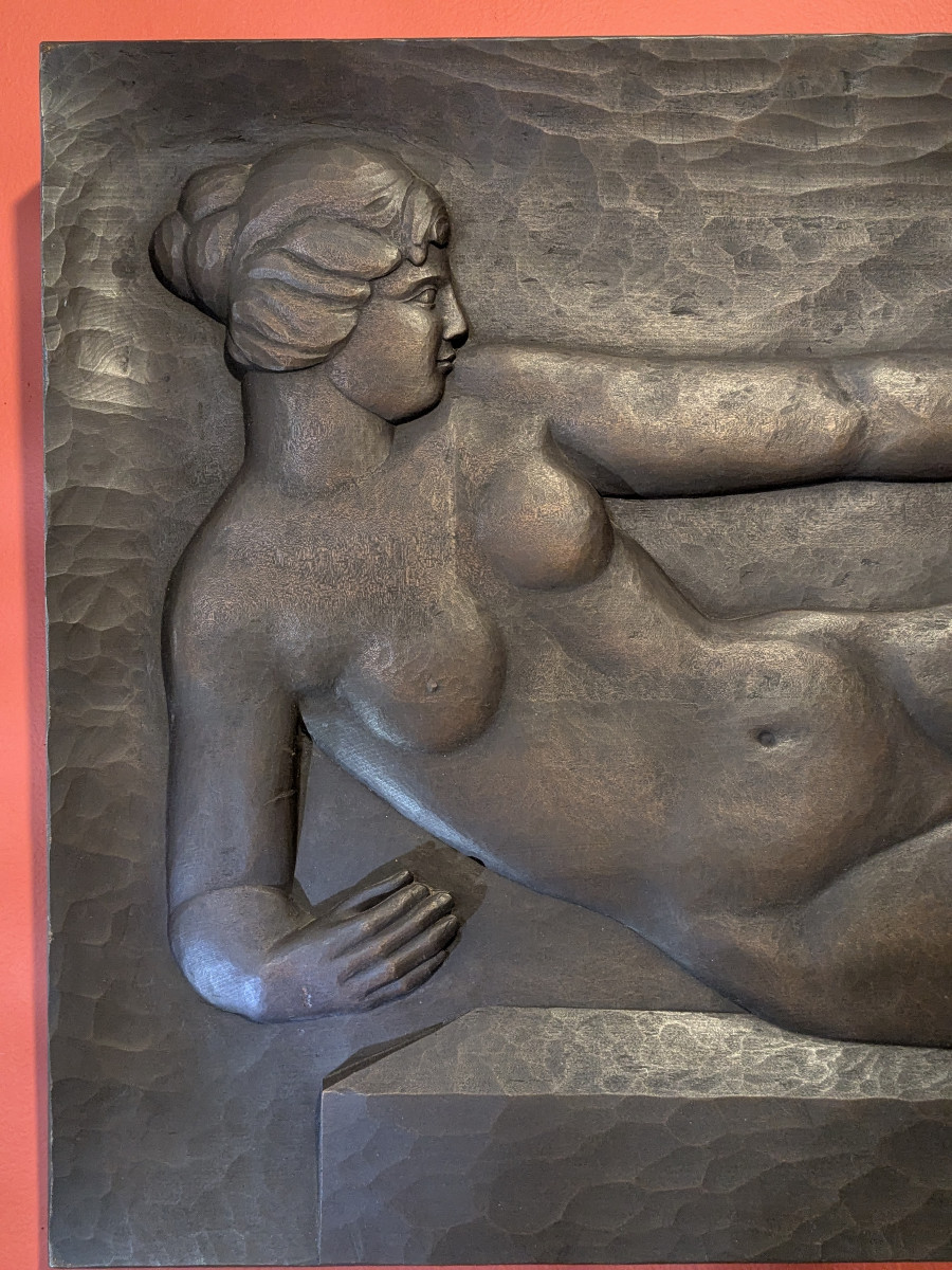 Nu allongé - bois taille directe, dans le goût de Maillol - circa 1950-60 #91-photo-3