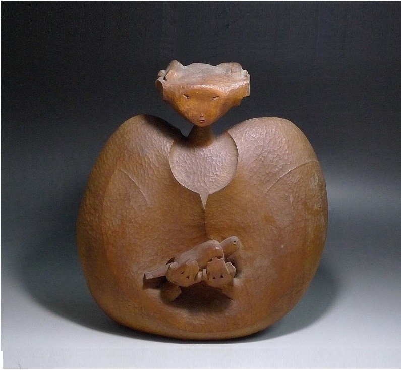 Character With Bird - Vintage Sculpture 1970-80 #