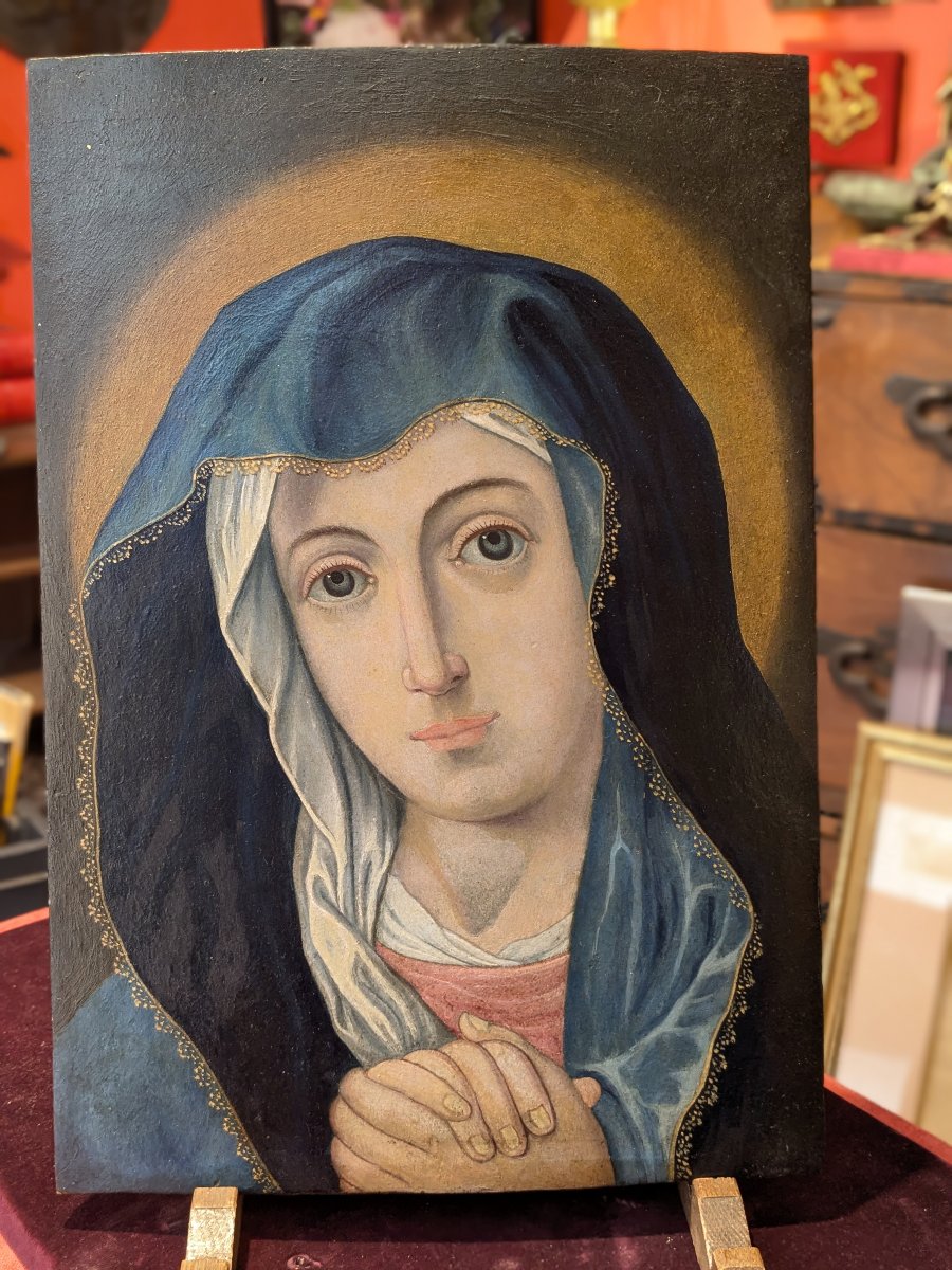 Madone - huile sur panneau époque 1850 dans le style du XVIe siècle
