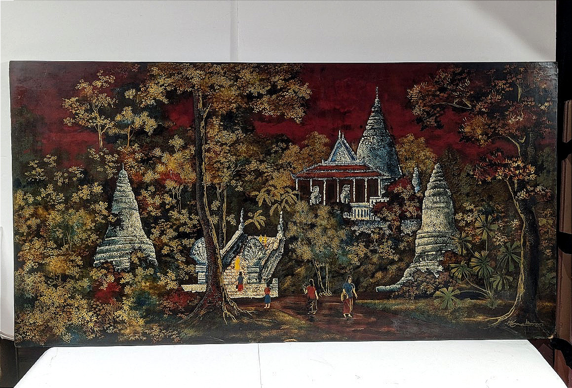 Temples dans la jungle - laque Indochine 1950-60 - Ecole de Hanoï