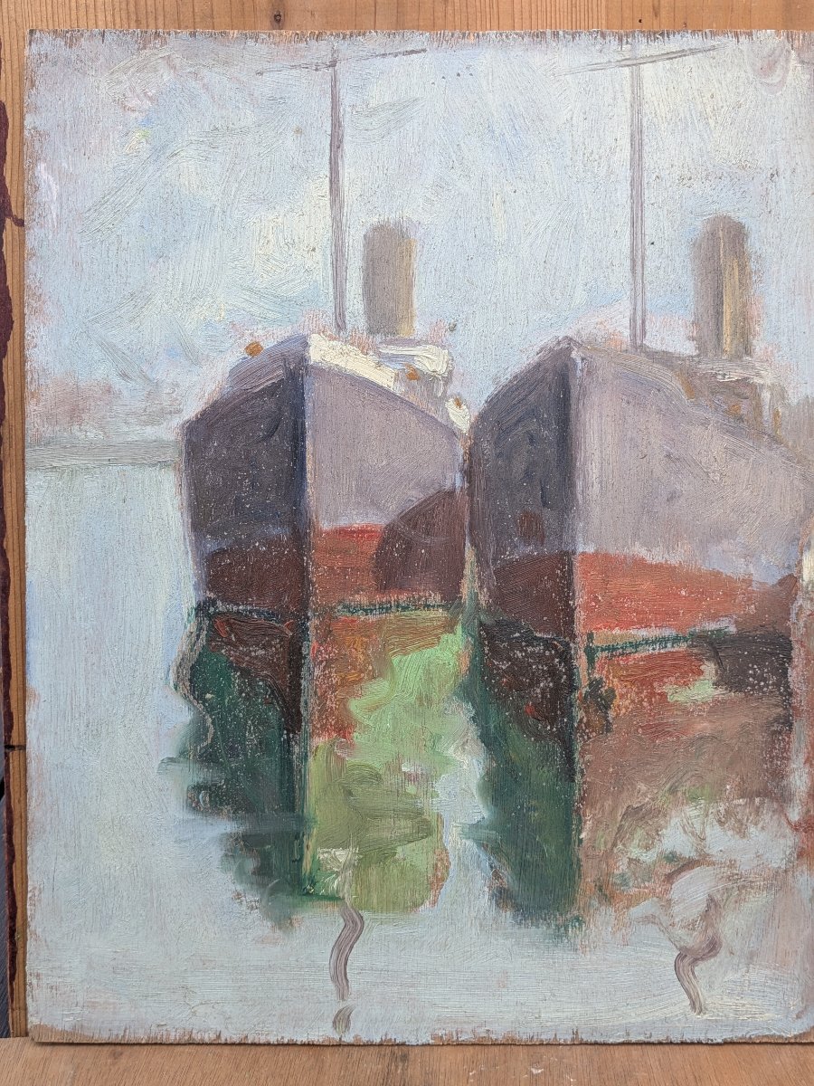 Huile 1920-30 double face - Portrait / bateaux - attribué Le Faguays ou Guerbe-photo-2