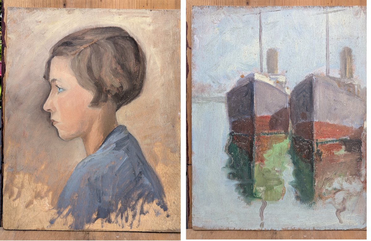 Huile 1920-30 double face - Portrait / bateaux - attribué Le Faguays ou Guerbe