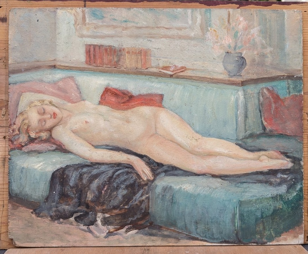 Nu endormi au sofa - huile sur panneau 1930 - -photo-2