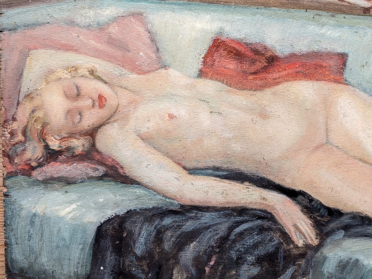 Nu endormi au sofa - huile sur panneau 1930 - -photo-4