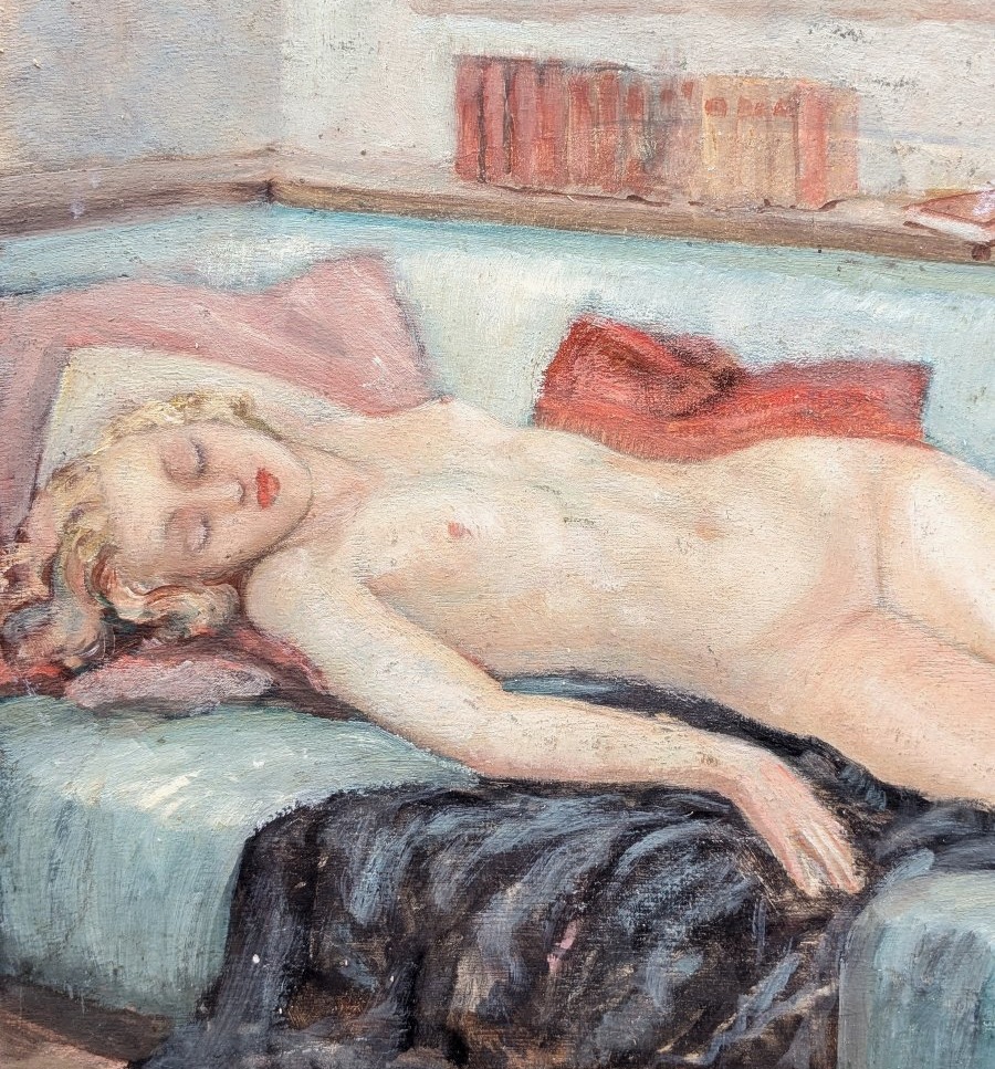 Nu endormi au sofa - huile sur panneau 1930 - -photo-2