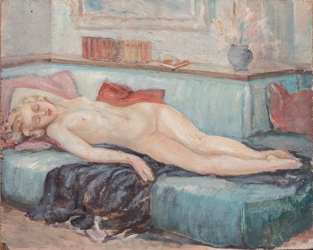 Nu endormi au sofa - huile sur panneau 1930 - 