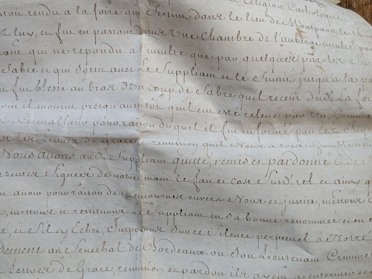 Lettre de grâce, accordée par Louis XV  - parchemin signé Louis -  1738-photo-2