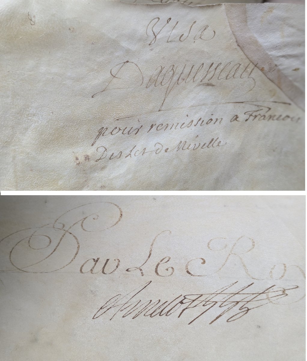 Lettre de grâce, accordée par Louis XV  - parchemin signé Louis -  1738-photo-7