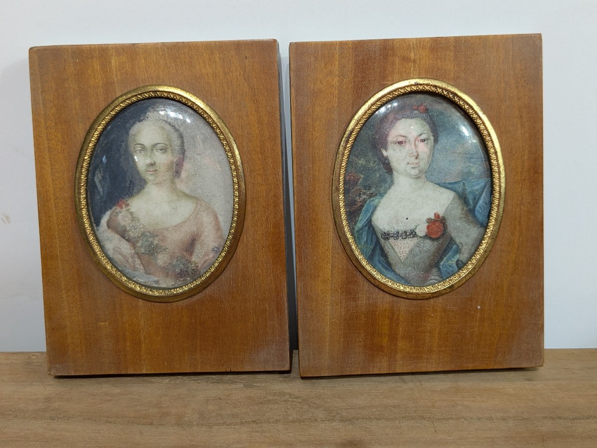 Two Portraits Of Women, Miniatures On Vellum, Circa 1730-photo-2