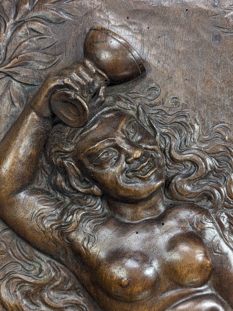 Drunken Fauness, Carved Walnut Relief, Circa 1850-photo-2