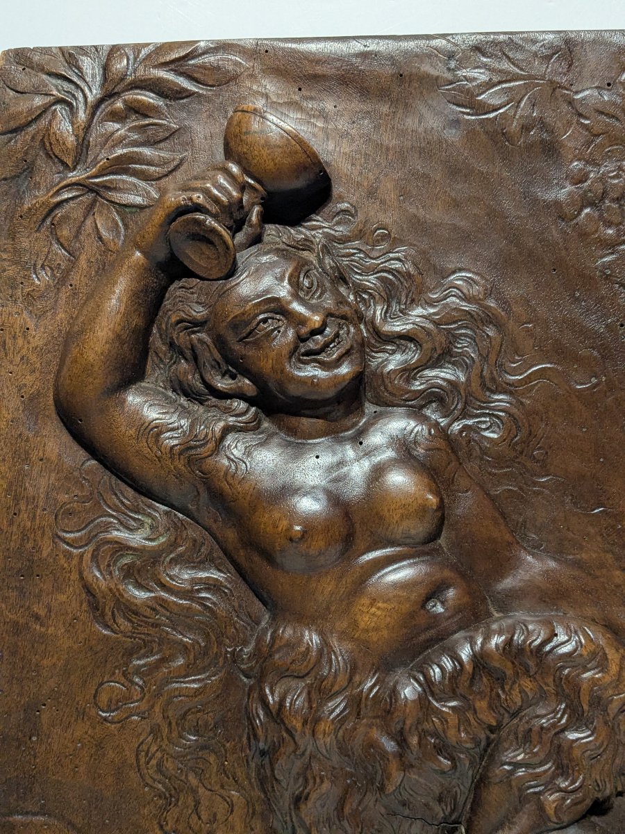 Drunken Fauness, Carved Walnut Relief, Circa 1850-photo-3