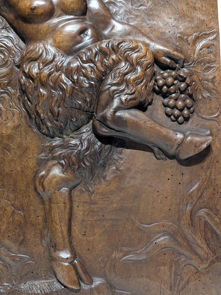 Drunken Fauness, Carved Walnut Relief, Circa 1850-photo-4