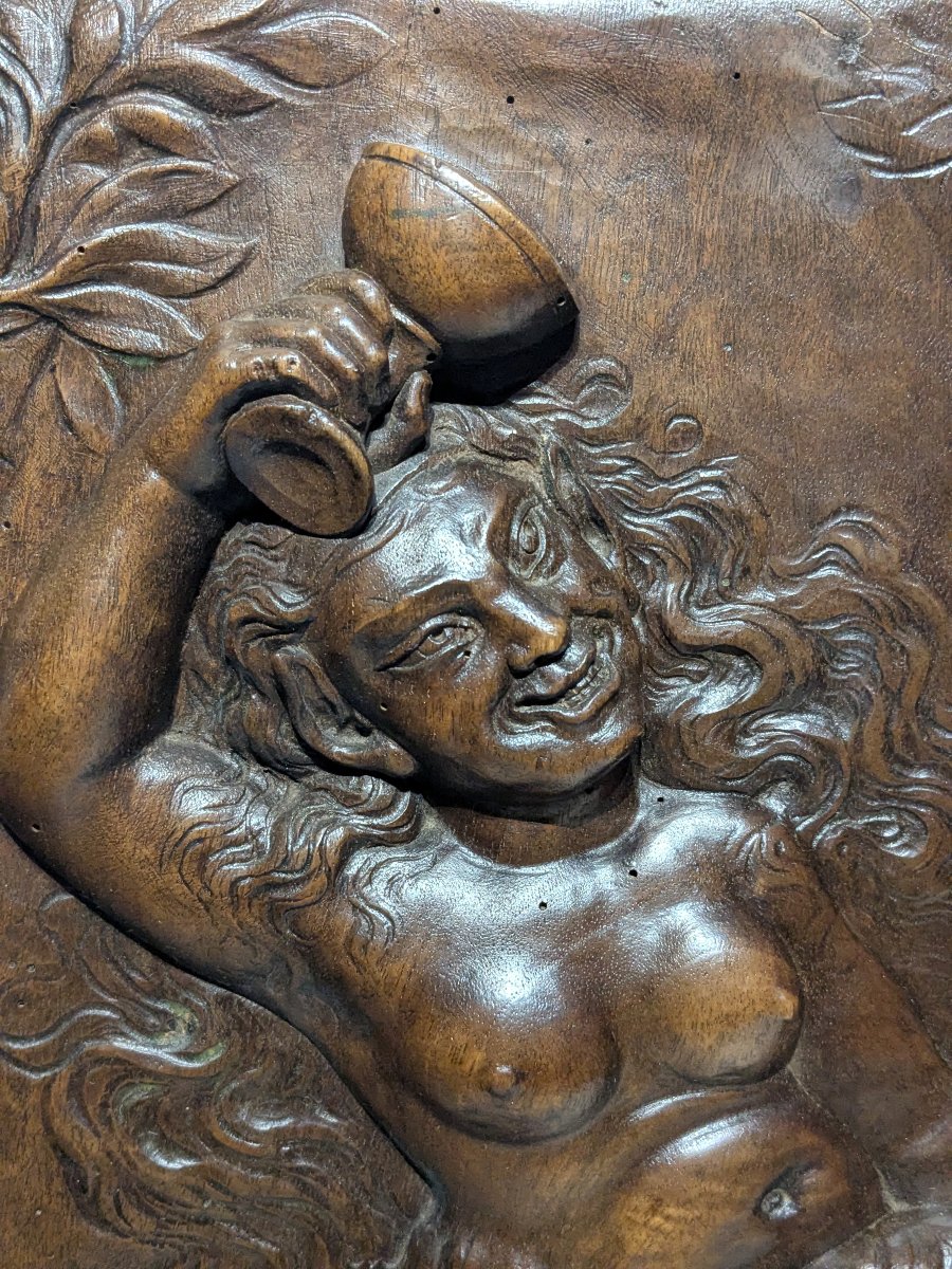 Drunken Fauness, Carved Walnut Relief, Circa 1850-photo-2