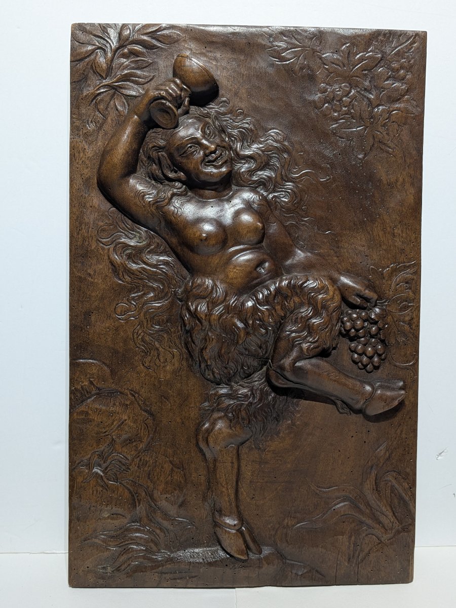 Drunken Fauness, Carved Walnut Relief, Circa 1850-photo-3