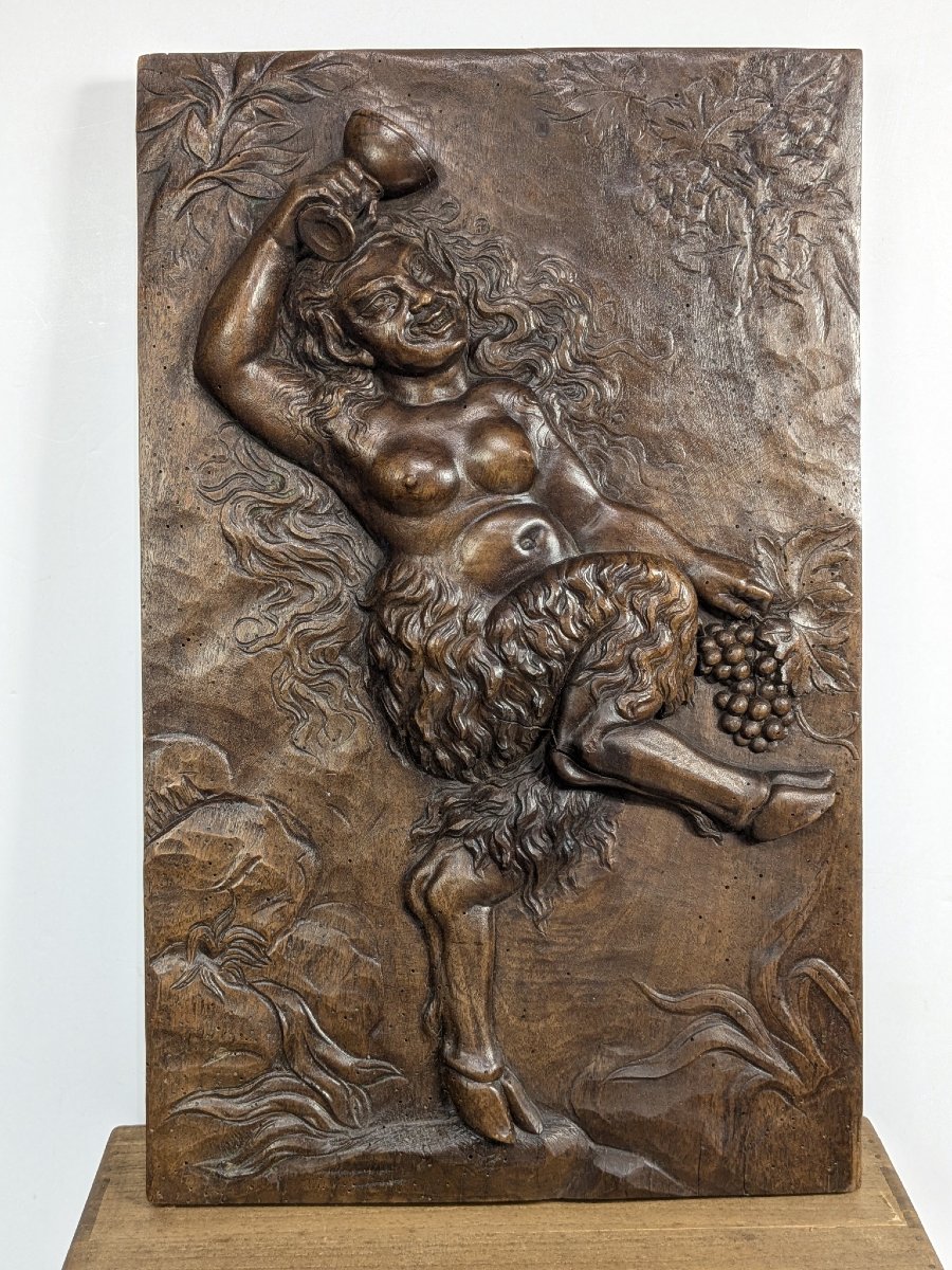 Drunken Fauness, Carved Walnut Relief, Circa 1850