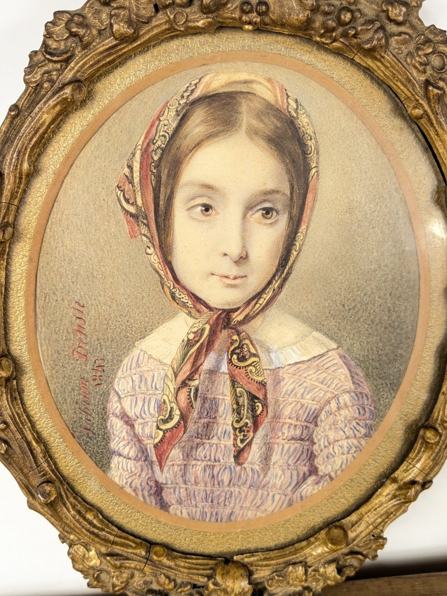 Romantic Portrait Of A Young Girl, Drawing Dated 1843-photo-2