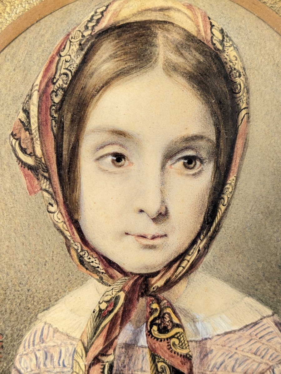Romantic Portrait Of A Young Girl, Drawing Dated 1843-photo-3