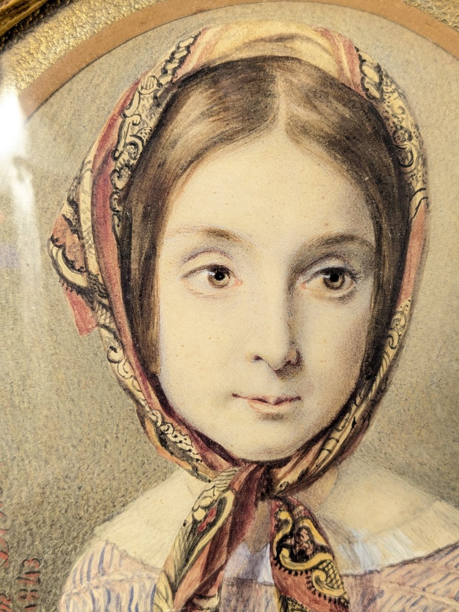 Romantic Portrait Of A Young Girl, Drawing Dated 1843-photo-2