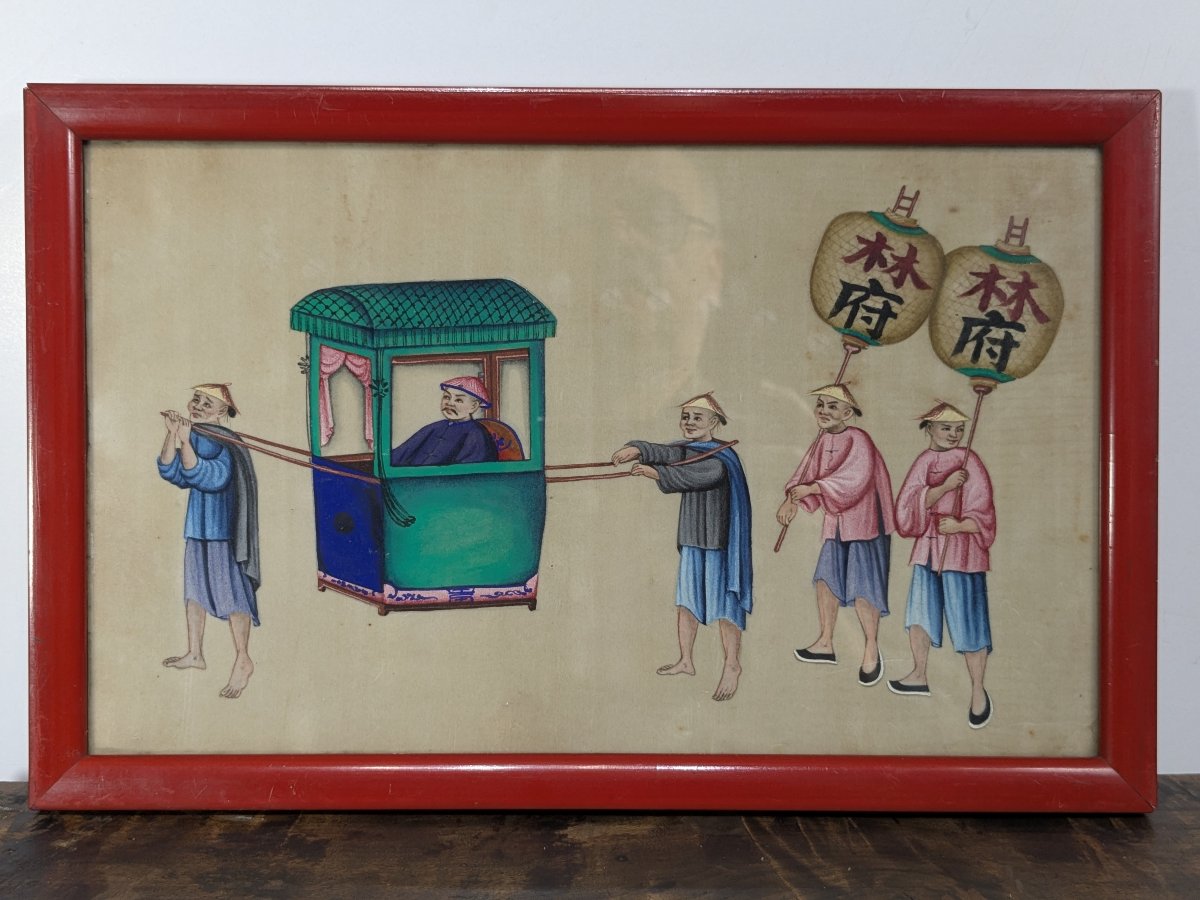 Set Of Six Chinese Paintings On Rice Paper—19th Century-photo-3