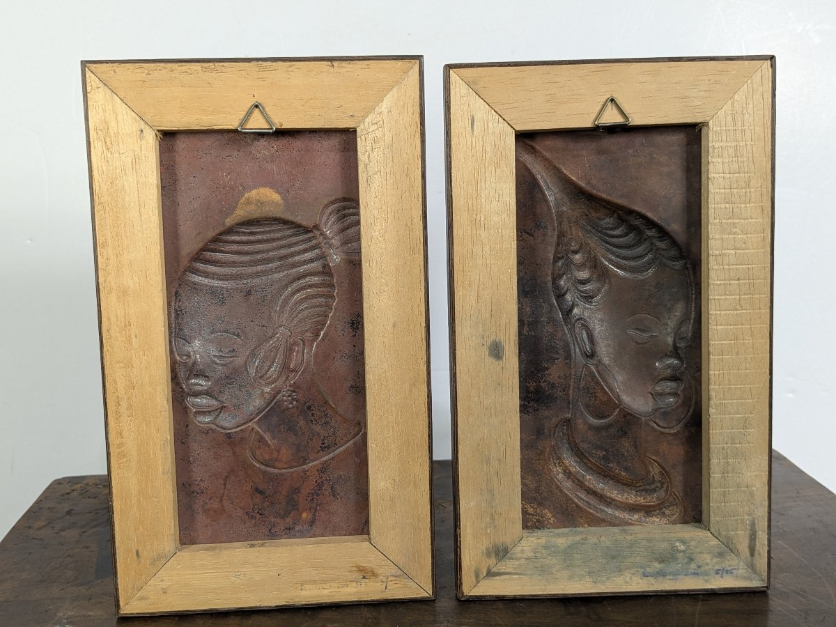 deux beautés africaines – cuivre repoussé circa 1950-70-photo-2
