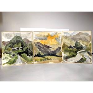 Trois paysages tryptique - aquarelle Japon 1970 - par Hidetake HIGO