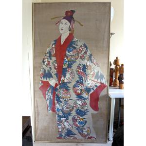 Japonaise au kimono fleuri - 198 x 107 cm grande gouache -  circa 1970 