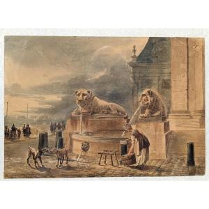 The Fountain Of The Institute - Paris - Watercolor Before 1811