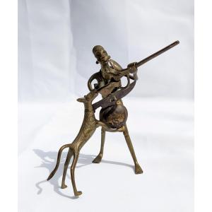 Hunter And His Dog - Brass Figurine Dahomey Benin Early 20th Century
