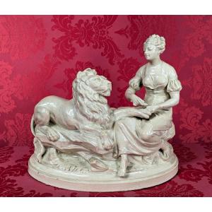 The Lion In Love - La Fontaine - Glazed Earthenware Planter, Second Half Of The 19th Century 