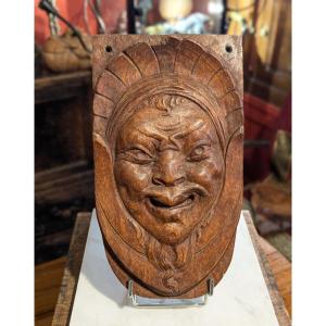 Laughing Mascaron - Late 19th Century Wood Relief