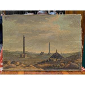 View Of The Two Lighthouses Of Le Touquet La Canche - Oil Painting From The 1850s-60s